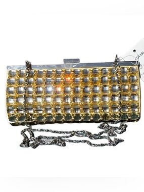 COVARI Gold Large Crystal-Accented Evening Clutch with Silver Chain NWT 8”x4”